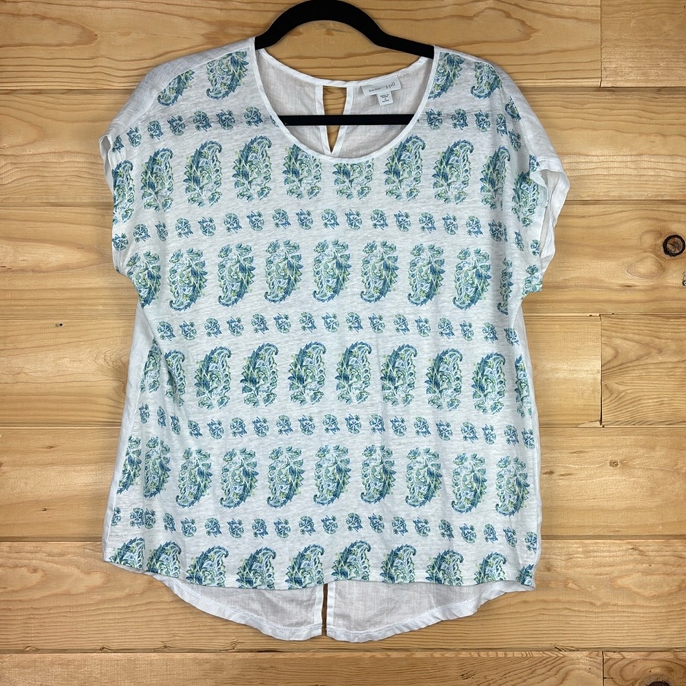 J. Jill 100% Linen White Blue Blouse Top Womens Size Small Petite